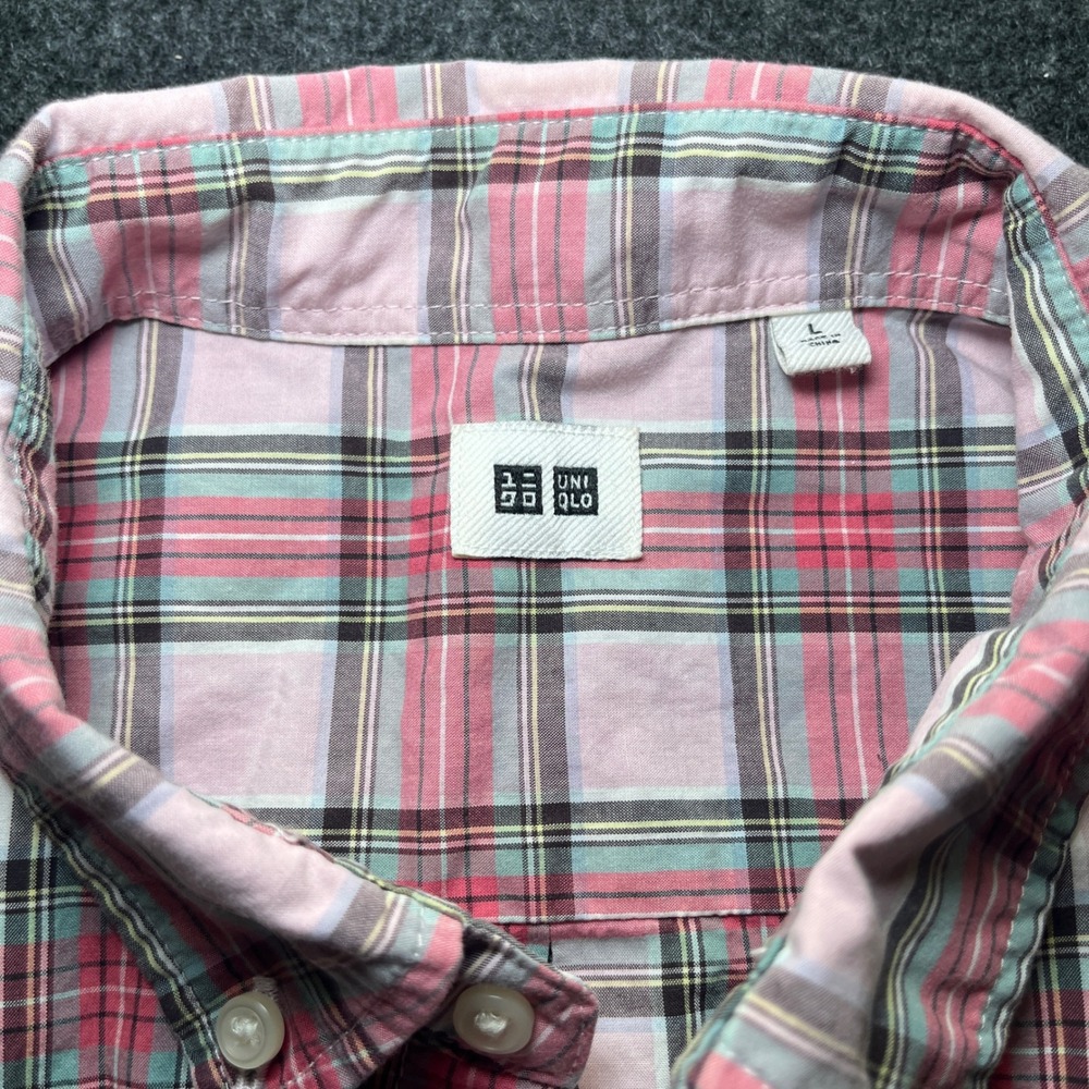 Uniqlo Plaid Button Down Shirt Mens Large Pink Excellent Long Sleeve Cotton - Picture 2 of 7